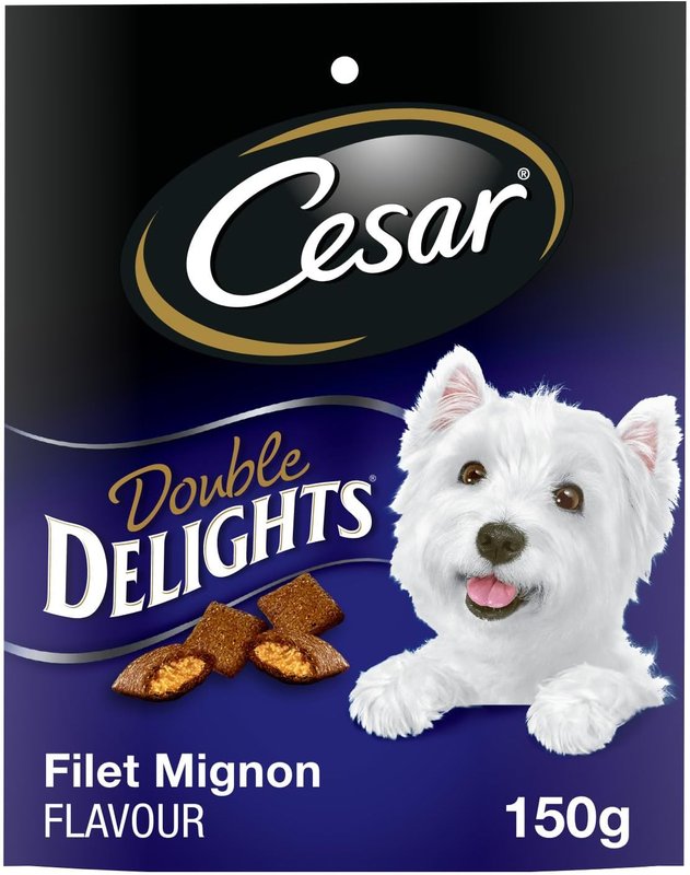 CESAR DOUBLE DELIGHTS Dog Treats, For Small Breed Adult Dogs, Filet Mignon Flavour, No Artificial Flavours, No Artificial Colours, Less Than 3 Calories Each, 150g Pouch Other 150 g (Pack of 10)