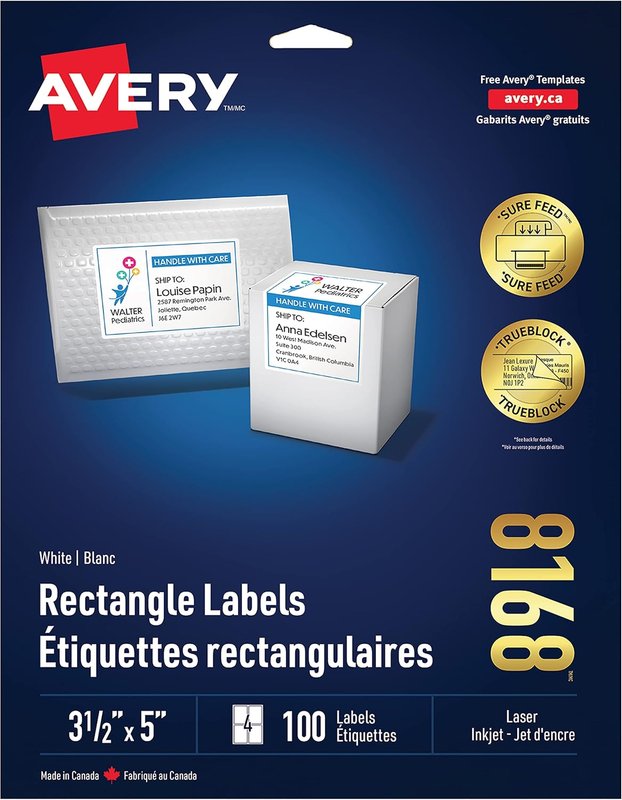 AVERY 3-1/2" x 5" Shipping Labels with TrueBlock Technology for Laser/Inkjet Printers, 100 White Rectangle Labels, Permanent (8168) Made in Canada