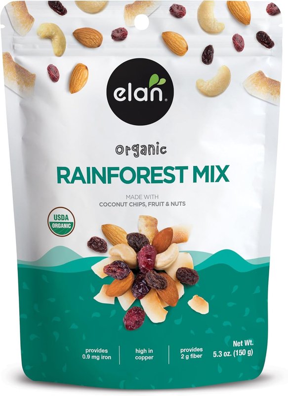 Elan Organic Rainforest Mix, 150g, Healthy Snacks, Dried Fruits (Raisins, Coconut, Dried Cranberries), Nuts (Roasted Cashews, Roasted Almonds), Non-GMO, Gluten-Free, Vegan, Kosher 150 g (Pack of 1)