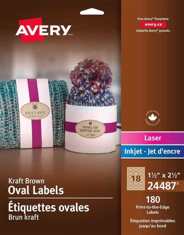 Avery Kraft Oval Labels for Laser and Inkjet Printers, 1.5" X 2.5", Oval, Kraft Brown, 180 Labels, Permanent (24487) Made in Canada
