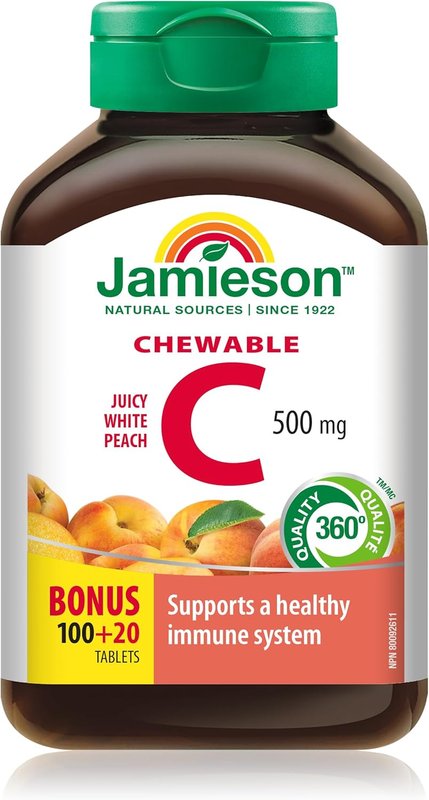 Jamieson Chewable Vitamin C 500 mg Juicy White Peach Flavour, Supports Immune Health, Strong Teeth and Bones. Family Friendly (4+), Vegetarian, Non-GMO, Gluten-Free, No Artificial Flavours, Colours, or Preservatives, 120 Count, Proudly Canadian White Juicy Peach 120 count (Pack of 1)