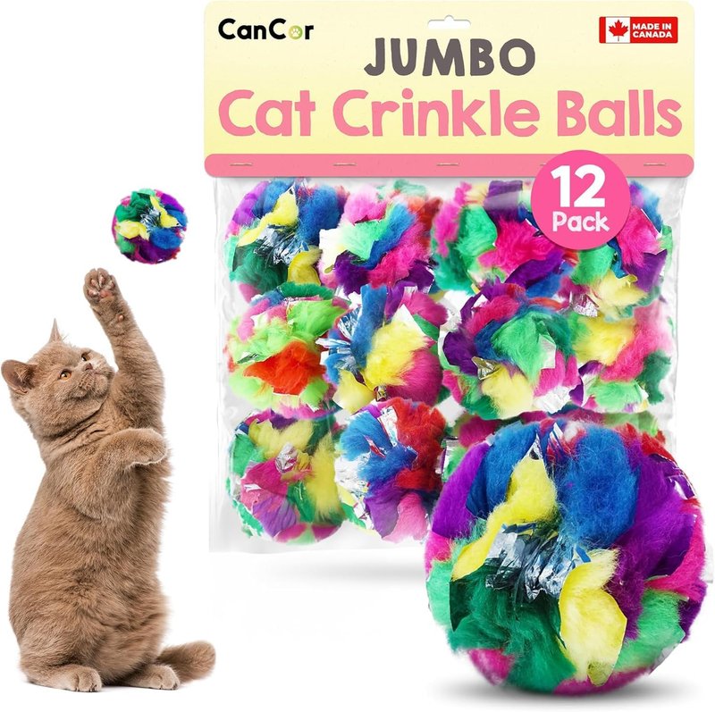 Jumbo Cat Crinkle Balls 3.5 Inch (12-Pack) - Canadian-Made Cat Toys - Extra Large Crinkle Balls for Cats 12 Pack