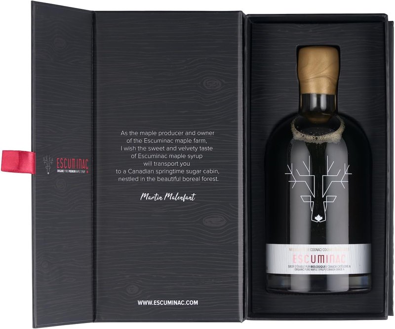Escuminac Barrel-Aged Canadian Maple Syrup – Cognac Cask | Pure Organic Grade A | Amber Rich Taste | 500 ml Glass Bottle in Gift Box
