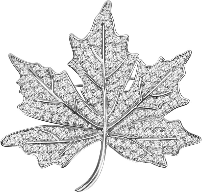 Vintage Stylish Silver Tone Maple Leaf Brooch Pin 1.63'' x 1.85'' – Big Full Micro Pave Crystal Autumn Jewelry for Queen – Canadian Leaf Brooches & Pins