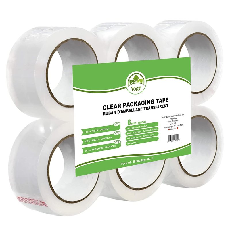 Yogti [Canadian Brand] Clear Packing Tape, Packaging Tape Heavy Duty 240 Gauge - 1.88" x 100M - 6 Rolls, 60 Micron, 2.4 mil, 109 Yards per roll - Excellent for Shipping, Moving, and Storing