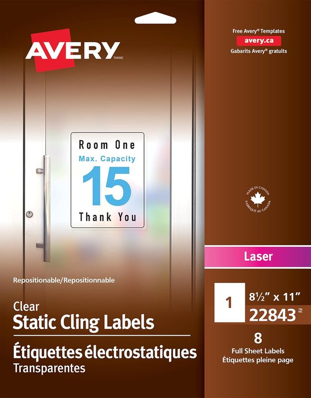 Avery Printable Repositionable Clear Static Cling Labels, 8.5" x 11" Rectangle Labels, Wall/Glass Decals, Waterproof, Custom, for Laser Printers, Full Sheet, 8 Labels, (22843), Made in Canada