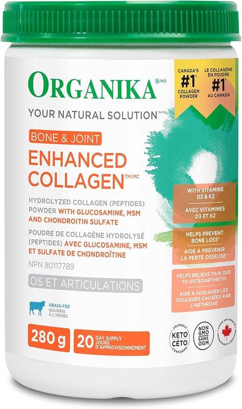 Organika Canadian-Made Enhanced Collagen Bone and Joint Powder - with Glucosamine, MSM, Chondroitin Sulfate, Vitamin D3 and K2 | Helps Restore Bone and Joint Health + Healthier Skin and Hair - 280g Nutritional Supplement