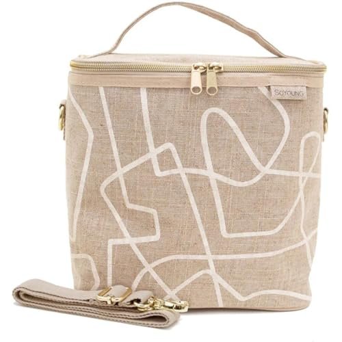 SoYoung Lunch Poche - Insulated Lunch Bag for Work, Travel & Picnic, Aesthetic Design, Linen/Cotton, Machine Washable, Detachable Strap - White Abstract Lines