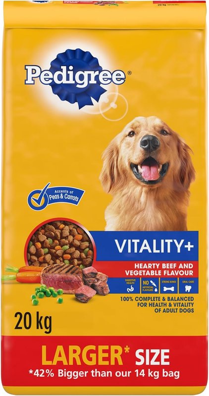 PEDIGREE VITALITY+ Dry Food For Adult Dogs – Hearty Beef & Vegetable Flavour - Supports Strong Bones and Healthy Teeth – With Calcium, 20kg Bag Dry Dog Food