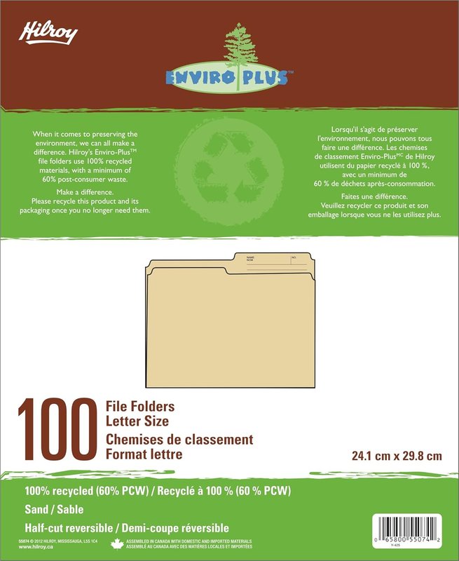 Hilroy Enviro-Plus Recycled File Folders, Letter Size, 100 Per Box, Sand Colour (55074)