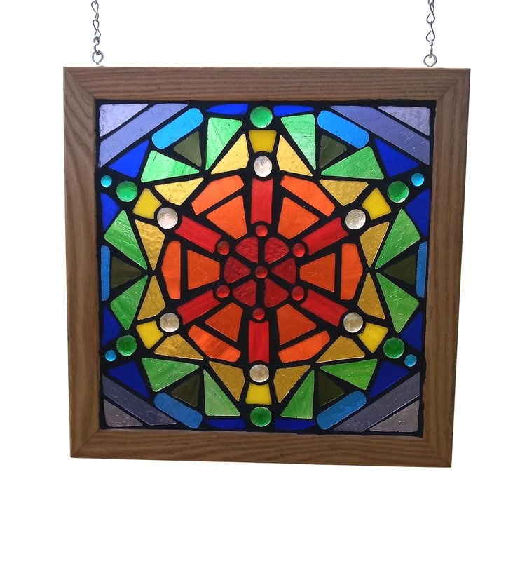 Rainbow Geometric Mandala Stained Glass Mosaic Panel