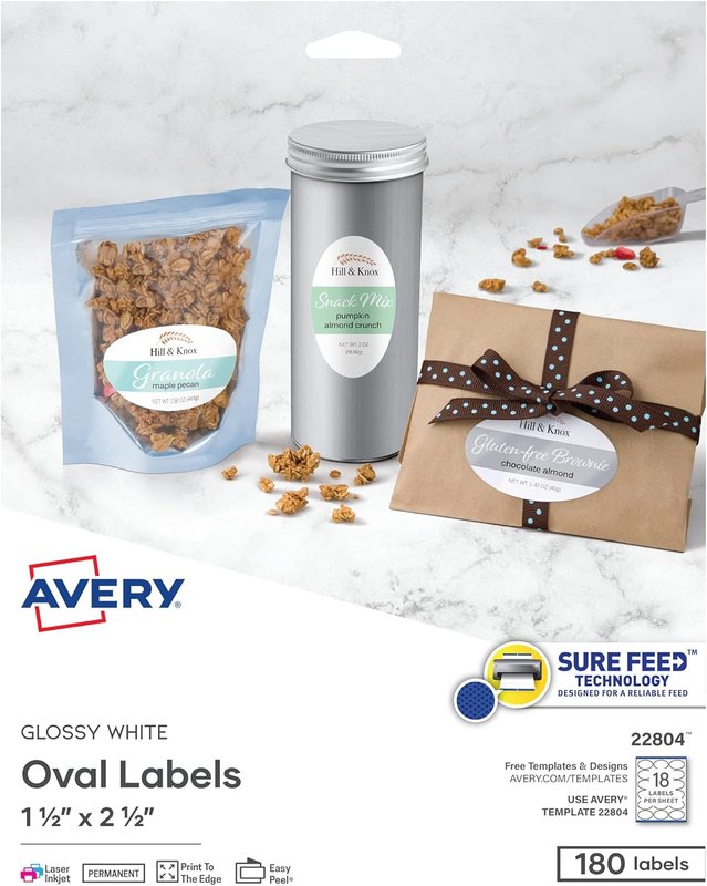 Avery Glossy White Oval Labels for Laser/Inkjet Printers, 1.5" x 2.5", Permanent, 180 Labels (22804) Made in Canada