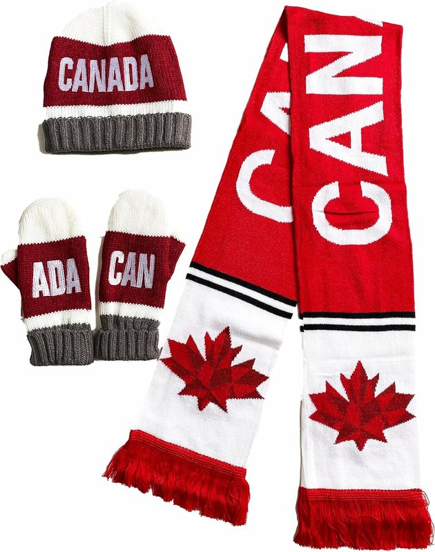 Variety To Go Maple Leaf Beanie Hat Mittens Gloves Knitted Sport Scarf Set, Canadian Themed Beanie Hat Mittens Scarf Set