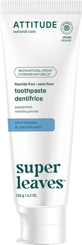ATTITUDE Fluoride-Free Whitening Toothpaste, Peppermint Flavor, Vegan & Cruelty-Free, Sugar-Free, Plant & Mineral-Based Ingredients, Clean Oral Care, 120 grams Whitening 120 g (Pack of 1)