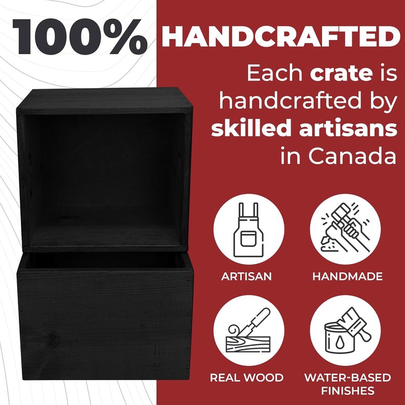Springwater Woodcraft Vinyl Record Crates - Set of 2 Solid Pine Wooden Storage Boxes - Stackable Organizer With Carrying Handles (Black)