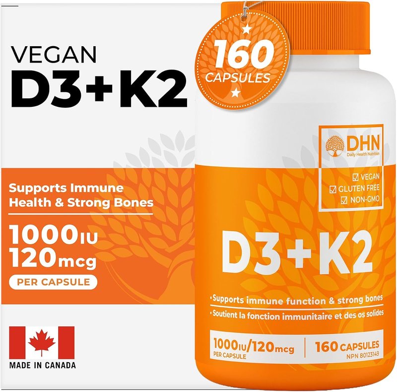 New, Max Absorb Plant-Based Vitamin D3 + K2 (MK-7) | One a Day Formula | Bonus Size 160 Capsules | Supports Prevention of Osteoporosis & Heart Calcification | Immune, Bone & Heart Health Supplement | Canadian Made D3 K2, Quality Assured