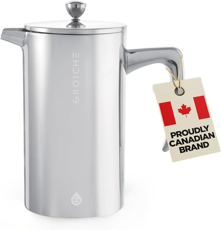 GROSCHE Dublin Stainless Steel French Press Coffee Maker, 18/8 Double Walled Stainless Steel French Press including Measurement Scale, Hot and Cold Brew, Canadian Brand! - 8 Cup | 34 fl. oz Stainless Steel Stainless Steel
