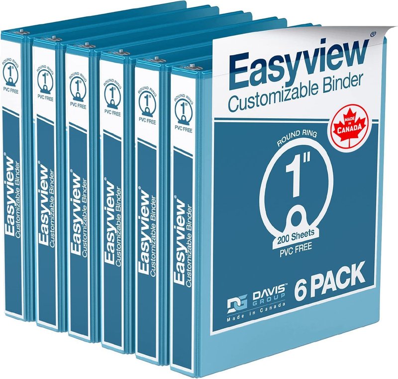 EasyView Premium 1-Inch Binders with Clear-View Covers, 3-Ring Binders for School, Office, or Home, Colored Binder Notebooks, Pack of 6, Round Ring, Turquoise