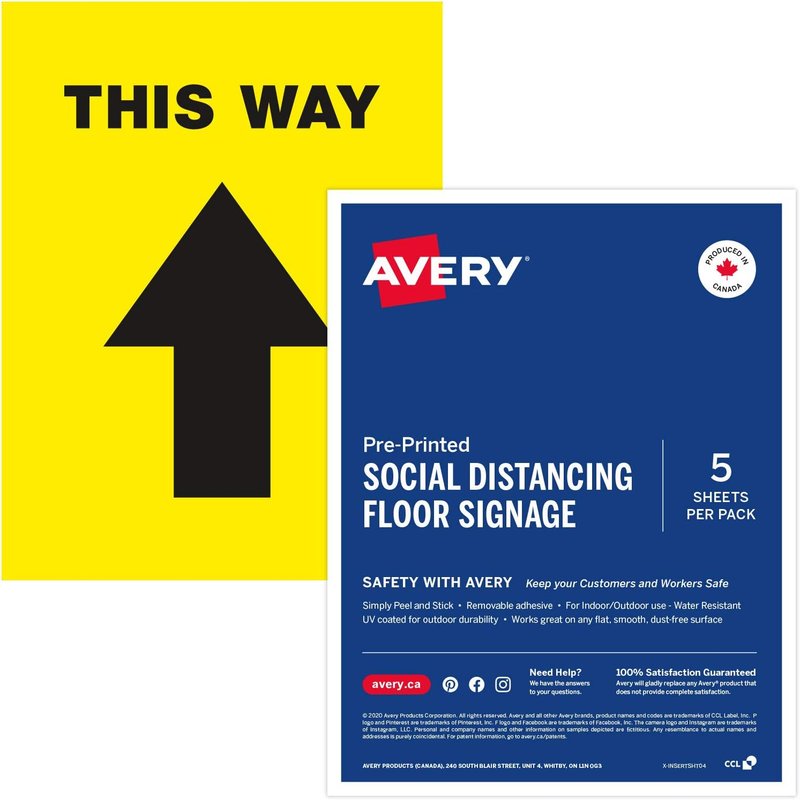 Avery "THIS WAY" Social Distancing Floor Signage Decal, Rectangle, 8.5" X 11", Yellow, Pack of 5 Labels, English Version (83022) Yellow English