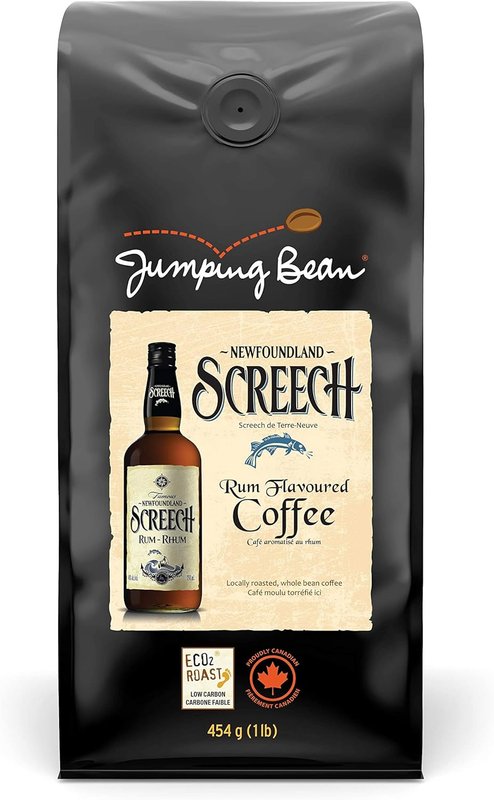 Jumping Bean Newfoudland Screech Rum Organic Whole Bean Coffee, ECO2Roast, Premium Coffee, Made in Canada, Non-GMO, Screech Flavoured, 454g