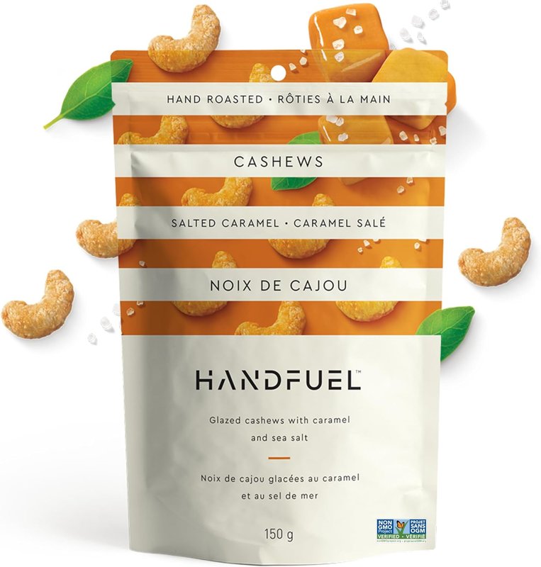 Handfuel Salted Caramel Cashews, Hand Roasted Salted Cashews, 4g of Protein, Proudly Canadian Made Plant Based Flavoured Nuts - 150 Grams