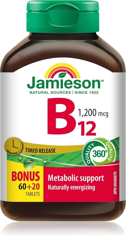 Jamieson Vitamin B12 Methylcobalamin 1,200 mcg Tablets, Timed Released, Faster Acting, Naturally Energizing, and Supports Metabolism. Vegetarian, Non-GMO, Gluten-Free, 80 Count, Proudly Canadian