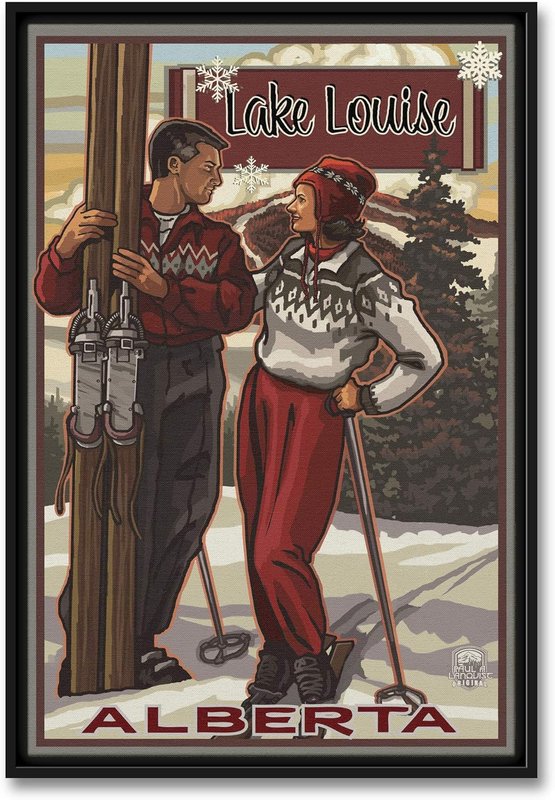 Classic Skiers Lake Louise Alberta Canada Professionally Framed Giclee Archival Canvas Wall Art for Home & Office from Travel Artwork by Artist Paul A. Lanquist 12" x 18"