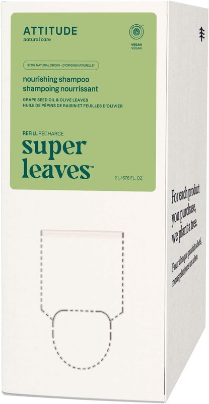 ATTITUDE Nourishing Hair Shampoo, Made in Canada, EWG Verified, For Dry and Damaged Hair, Naturally Derived Ingredients, Vegan and Plant Based, Grapeseed Oil and Olive Leaves, Bulk Refill, 2 Liters Nourishing 2 l (Pack of 1)