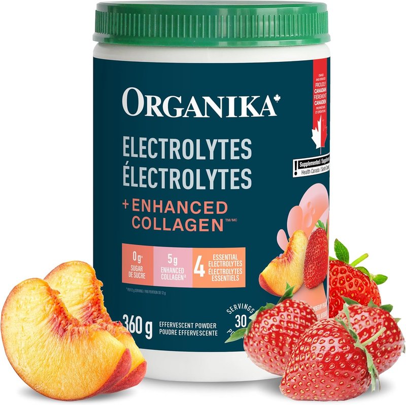 Organika Canadian-Made Electrolytes + Enhanced Collagen - Strawberry Peach Flavour - Sugar-Free Hydration | 5g Protein + 100% of Daily Vitamin C - 360g, 30 Servings Strawberry Peach 360 g (Pack of 1)