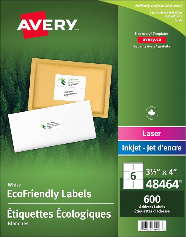 AVERY White EcoFriendly Mailing Labels, 3-1/3" x 4", White, Rectangle, 600 Labels, Permament (48464) Made in Canada