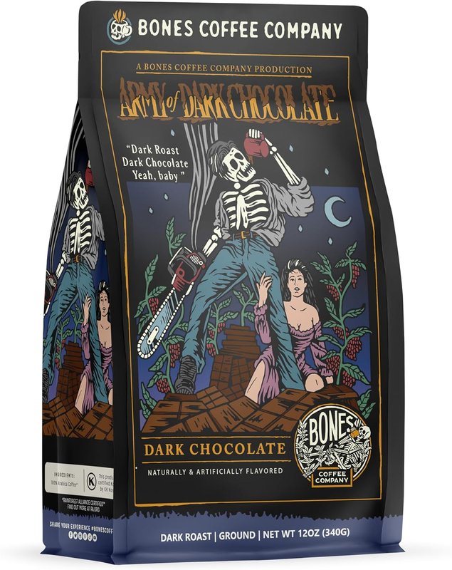 Bones Coffee Company Decaf Army Of Dark Chocolate Flavored Coffee Beans, Dark Roast Ground Coffee Low Acid Decaffeinated (12 oz) Decaf Dark Chocolate (Ground)