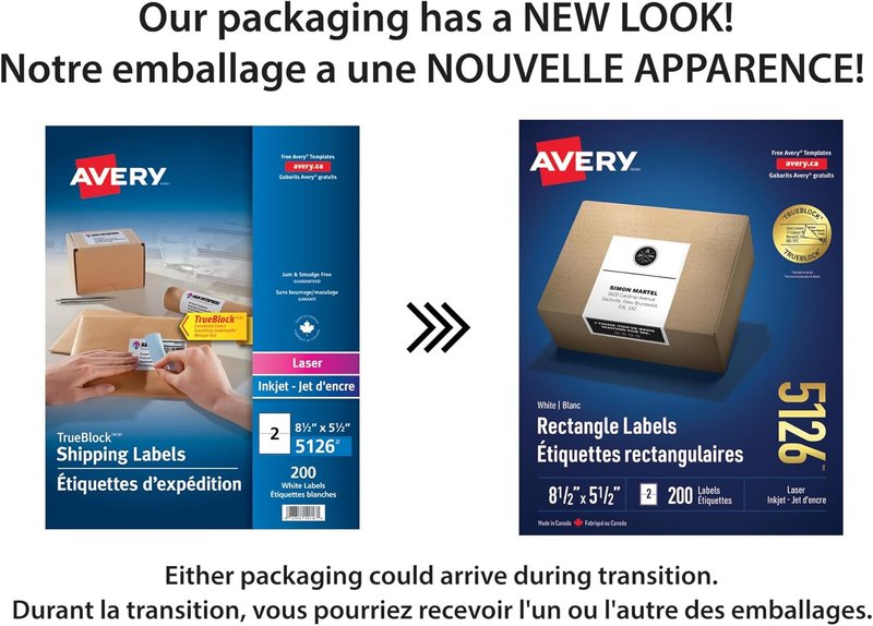 Avery TrueBlock Shipping Labels for Inkjet/Laser Printers, 8½" x 5½", White, Rectangle, 200 Labels, Permanent (5126) Made in Canada