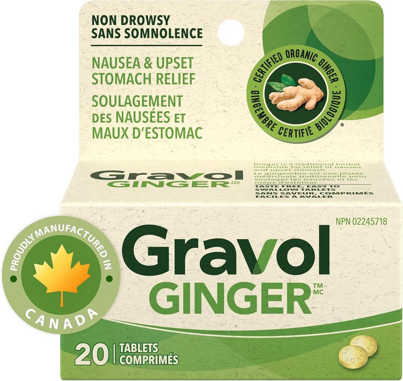 Gravol Ginger - Nausea and upset stomach relief with Organic ginger extract - Made in Canada, Non-drowsy, Taste-free and Easy to swallow - 20 Tablets (Pack of 1) Ginger 20 count (Pack of 1)