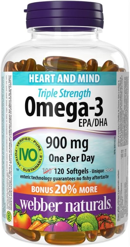 Webber Naturals Omega-3 900 mg Triple Strength, 120 Clear Enteric No Fishy Aftertaste Softgels, Supports Cardiovascular Health and Brain Function 120 count (Pack of 1) Omega