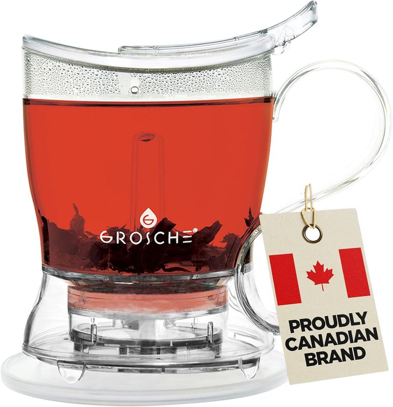GROSCHE Aberdeen Tea Steeper with Coaster, Loose Leaf Tea Maker Strainer, Teapot, Tea Infuser, Pour Clean Steeper, Food Safe Tritan, BPA PFAS Free. Canadian Brand! 17.7 fl. oz 525mL Capacity, Clear