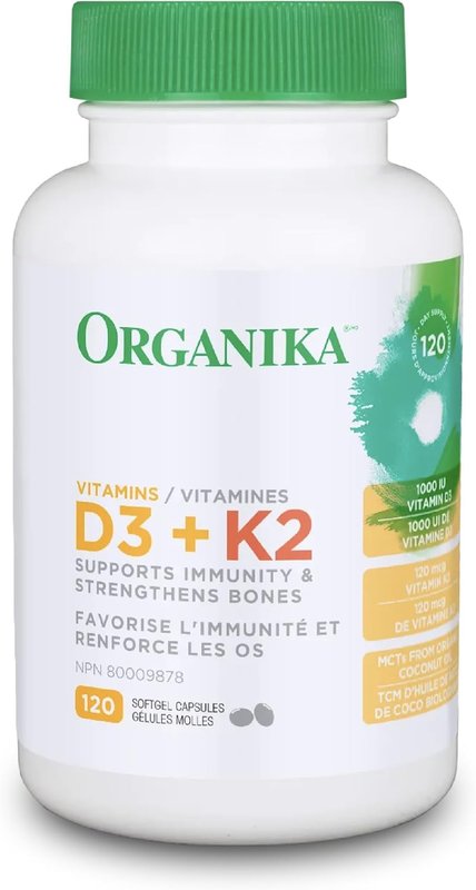 Organika Vitamin D3 + K2 (MK7)- 1000IU D3 and 120mcg K2 per capsule- High Potency, Supports Healthy Immune Function and Bones + Teeth- 120sftgl