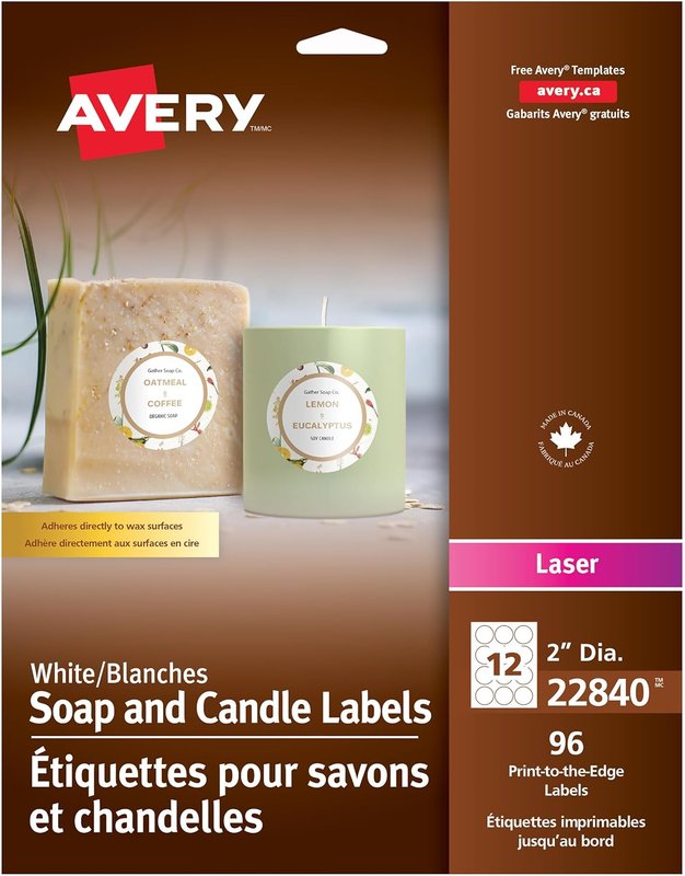 Avery Soap and Candle Round Labels, 2" Label, for Laser Printer, 96 Print to Edge Permanent Labels, Apply Directly on Candles and Soap, Adheres to Waxy Surface, (22840) Made in Canada