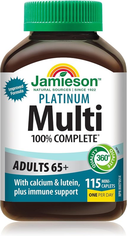 Jamieson 100% Complete Multivitamin Platinum for Adults 65+, with Lycopene, Lutein, and Additional Immune Support. Supports Energy, Eye Health, Bone Health, and Overall Health, Gluten-Free, One Per Day, 115 Mini Caplets