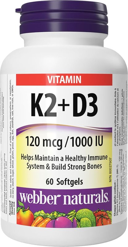 Webber Naturals Vitamin K2 with D3, 60 Softgels, Helps Support Bones, Teeth, and Immune Function, Gluten & Dairy Free 60 count (Pack of 1)