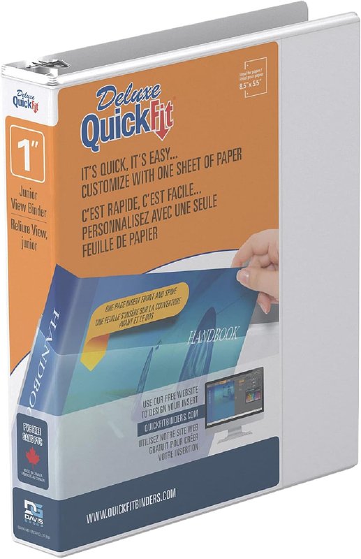 Davis Group QuickFit Junior Binder, Premium Small Clear-View 3-Ring Binder for School, Office, or Home, Made in Canada, 5.5" x 8.5", White, Single, 1 Inch