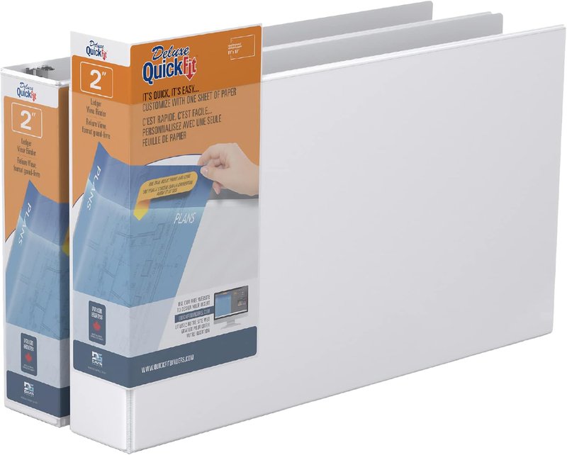 QuickFit Heavy Duty 11 x 17 Inch Spreadsheet View Binder, D Ring, White, 2 Pack, 2 Inch