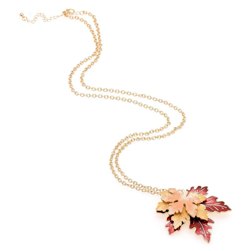 Canadian Maple Leaf Pendant Necklace Colorful Triple Leaves with Long Chain 32 Inches