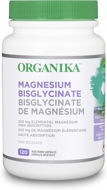 Organika Canadian-Made Magnesium Bisglycinate - 200mg, High Absorption, Muscle Recovery, Heart Support, 120vcaps Mineral Supplement