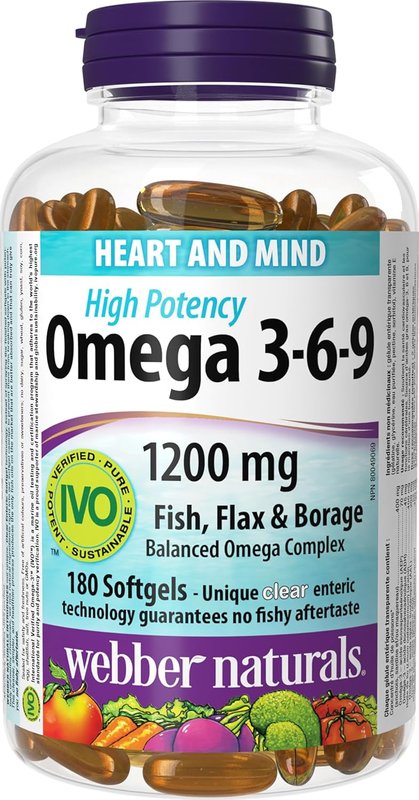 Webber Naturals Omega 3-6-9 1,200 mg Fish Oil, 180 Clear Enteric No Fishy Aftertaste Softgels, Supports Cardiovascular Health and Brain Function