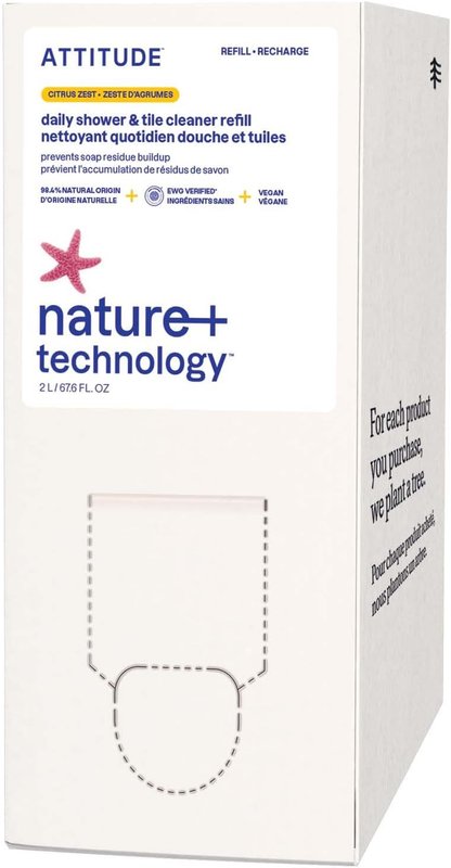 ATTITUDE Shower & Tile Cleaner Refill, EWG Verified, Plant-Based & Vegan Bathroom Spray, Removes Soap Scum & Grime, Made in Canada, Citrus Zest Scent, 2 Liters 2 l (Pack of 1)