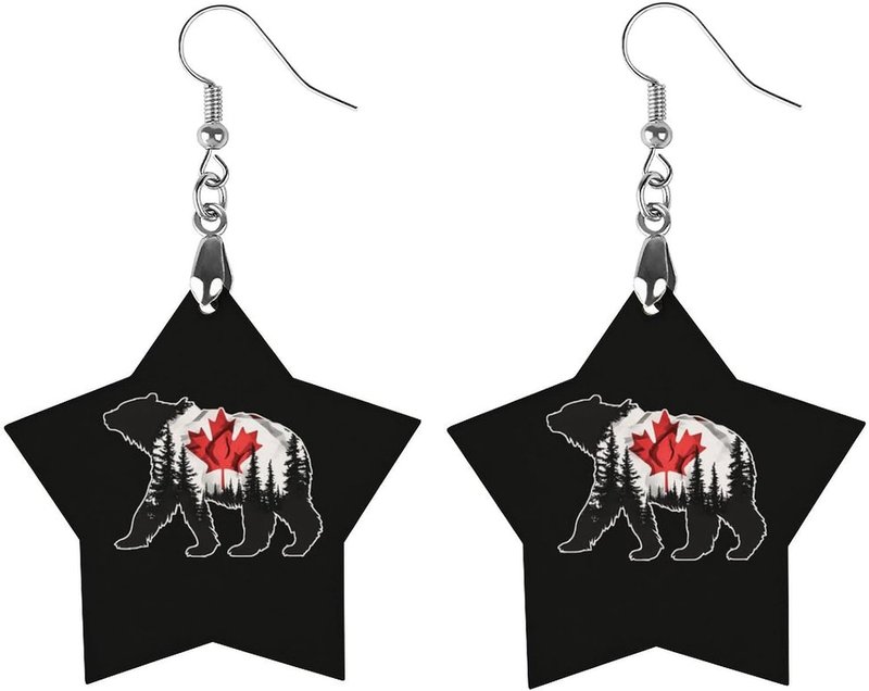 Generic Canadian Bear & Maple Leaf Canada Flag Women's Dangle Earrings Lightweight Wooden Earrings Pendant Jewelry Gift Star, Star, Copper, wood