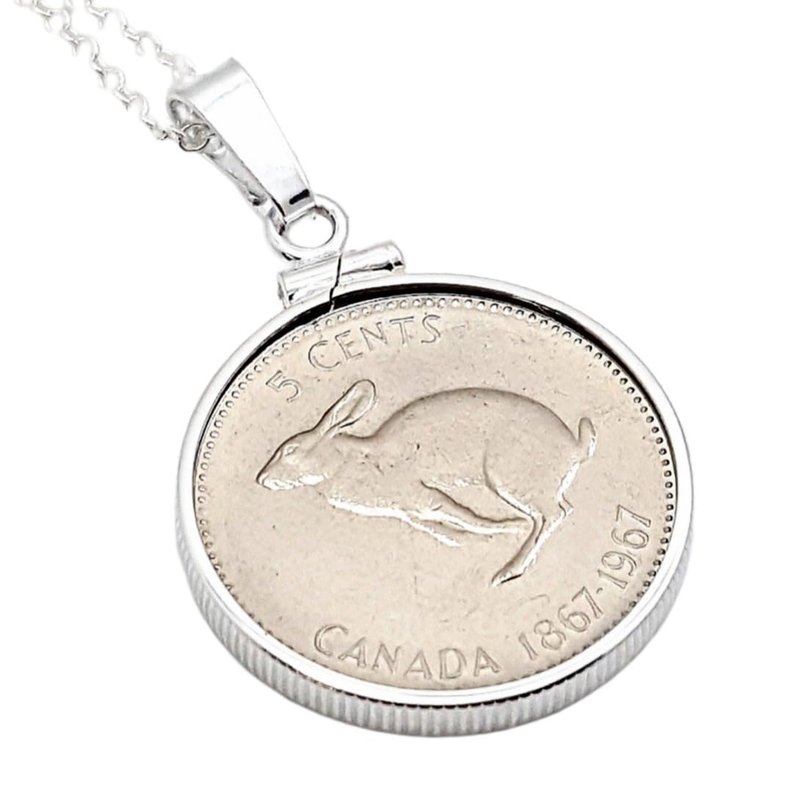 Handmade 1967 Running Hare necklace. Vintage Centennial CANADA RABBIT nickel. Sterling silver coin bezel. hare. Canadian. Year of the Rabbit
