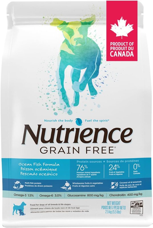 Nutrience Grain Free Dog Food, 2.5 kg (5.5 lbs), Canadian Ocean Fish Formula, Dry Dog Food, Multi-Fish Protein, Nourriture Pour Chien, Manger Pour Chien