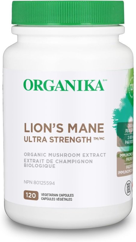 Organika Canadian-Made Lion's Mane - Ultra Strength Organic Mushroom Extract - 2800mg - Nootrophic, Natural Support for Memory, Mood, Neuroprotection and Cognition - 120vcaps, 120 Day Supply Herbal Supplement