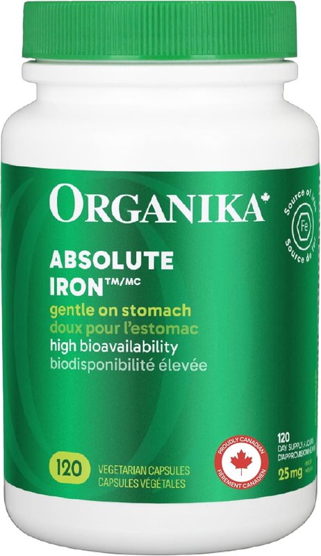 Organika Canadian-Made Absolute Iron - Iron Bisglycinate- High Availability, Gentle on Stomach, Boost Iron Levels- Beneficial for Women and Vegetarians- 120vcaps